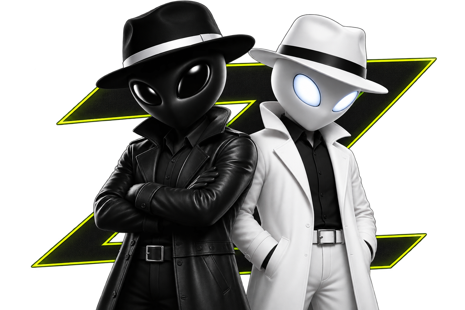 Mascotes ZuBooM em trajes preto e branco